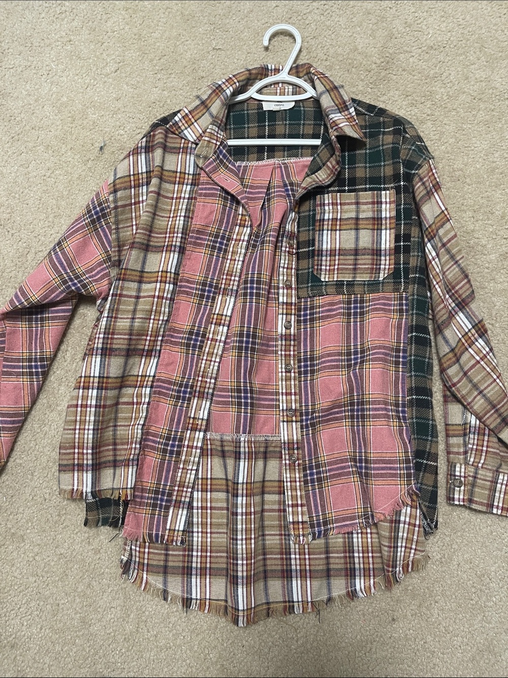 entro Plaid Patchwork Button-Down Shirt in Pink and Brown
